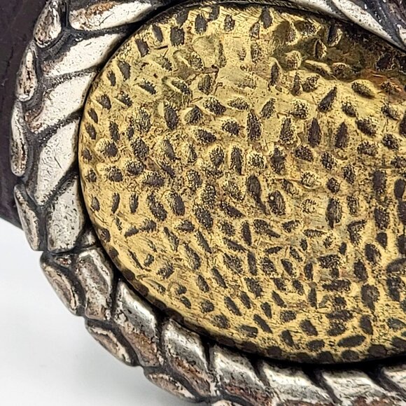 Chicos Brown Adjustable Leather Belt With Textured Silver & Gold Tone Metal Buck - Picture 5 of 16